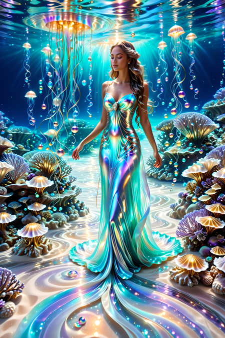 A surreal underwater realm where coral castles drip with glowing pearlescent syrup,jellyfish float like silk lanterns above a pearly sand floor,and luminous mermaids paint ocean currents with swirling trails of light and flowing pigments,magical realism,photoreal style,intricate lighting,A magnificent goddess stands in crystal clear water by flowing rivers of iridescent liquid pearl,Her long hair fluttered in the bright water,the swirling currents reflecting shimmering silver glow,
lavender,and soft gold,the entire scene glowing with divine radiance and surreal mysticism,photorealistic,ultra-high detail,ethereal light,
made of l1qu1dp34rl,pearlescent,flowing through bioluminescent coral reefs,iridescent bubbles rising in turquoise water,hyper-realistic translucency,pearlescent,
Masterpiece,best quality,hi res,8k,hi res,8k,award winning,(sharp focus, intricate, highly detailed),<lora:SDXLFaeTastic2400:0.4>,<lora:liquidpearlXL_r1:1>,<lora:TrendCraft_The_Peoples_Style_Detailer-v2.1A-3_12_2025-SDXL:0.8>