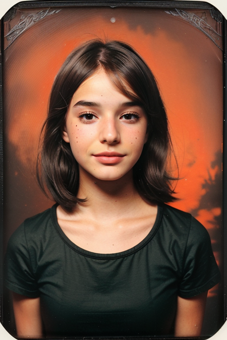 KiriaMalheiros, Century Camera Co. Studio, 160mm f/8, 1/10s, ISO 25, ((tintype:1.3)), ((portrait, full color, bold color, orange, red, gradient)), blouse, ((geometric halftone background))