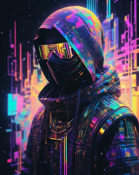 Illuminated ninja in the style of golden glitched rainbow. Snow is falling as holographic colored baroque geometric patterns float around the canvas in the style of colorful digital art. The image has a cyberpunk aesthetic with a glitchy distortion and psychedelic color palette. Black background, neon lights, glitch art, surrealism, high contrast, vibrant colors, psychedelic patterns, ethereal glow. The overall mood should be one of spiritual contemplation and otherworldly beauty. It's like something in the style of science fiction.
