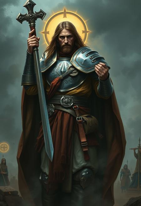 Jesus Christ, cladded in heavy armor, wielding a zweihander, about to cleanse infidels
Dark fantasy style
