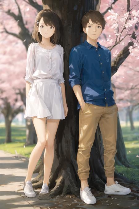 Veiling Glare, 1girl, 1boy, skirt, brown hair, cherry blossoms, outdoors, shirt, pants, arms behind back, white skirt, hairclip, hair ornament, looking at viewer, tree, shoes, blurry, white shirt, brown eyes, short hair, signature, denim, sneakers <lora:Veiling_Glare-pynoise:1>