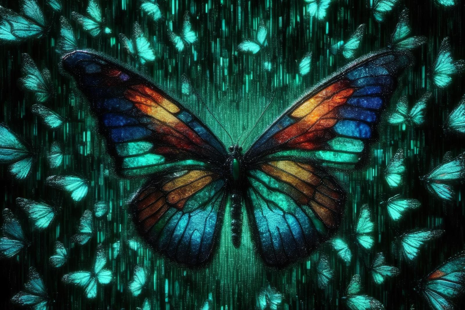 A vibrant butterfly with green, blue, yellow, and orange wings is sitting in front of a green background. The wings of the butterfly are colorful and iridescent, creating a visually striking scene.