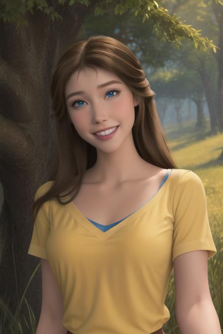 <lora:jane_porter:0.8>, jane porter, masterpiece, best quality, 1girl, solo, brown hair, smile, open mouth, long hair, blue eyes, tree, upper body, outdoors, yellow shirt, shirt, grass, collarbone,