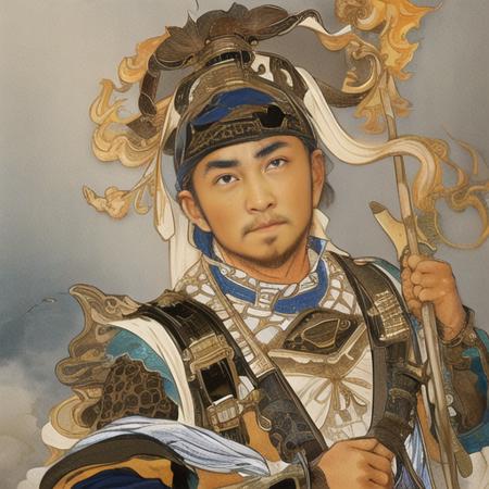 masterpiece,  {{ultra-detailed}}, best quality, realistic, portrait, realistic, looking at viewer, extremely detailed, 1 strong boy, very long beard,  armor, long sleeves, hat,   jewelry,   ribbon, <lora:xiyouchahua2:0.6>, cloud,  holding weapon,  fire