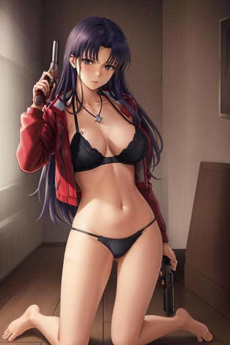 <lora:Katsuragi_Misato:0.45>, Katsuragi_Misato, 
1girl, gun, weapon, handgun, pistol, solo, holding_gun, jewelry, katsuragi_misato, necklace, underwear, barefoot, black_panties, trigger_discipline, panties, clothes_pull, long_hair, lingerie, jacket, kneeling, breasts, blue_hair, 
high detail,Cinematic light, intricate detail,highres, high detail,detailed,best quality,