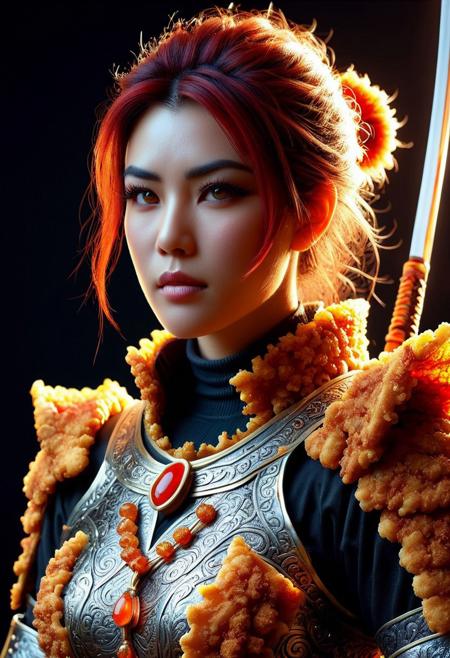 Ultrarealistic. sharp focus, dynamic lighting. play of light, Raytracing, Ultra detailed. (((DFC Style))). A beautiful female samurai warrior wearing an armor made of deep fried & crispy breading. Katana in hand. Cowboy shot. Make up.