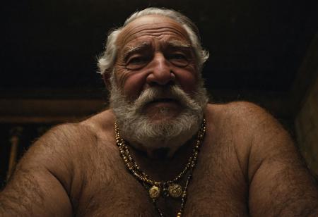 (photo, realistic, raw), (nighttime, at night, dark, dark hard shadows, cinematic atmosphere, movie grain, hazey atmosphere), closeup from below, (priest, european monk, cleric, holy, angelic, wise, gentleman, etherial, spiritual, emperor, king, god), old burly buff hairy gentleman, old manly hairy mature man, combed back hair,  doublechin, old tanned grandpa, wrinkly neck, proud big hairy chest, thick neck, armpits, tanned skin, tight golden spandex, gold jewellery, gold necklace, in a dark cloister bedroom at night, nighttime,looking directly at viewer with a loving caring smile, leaning forward close to viewer, very close, intimite situation, romantic atmosphere, intimate lustful romantic expression, sad expression, belly and pecs from below
