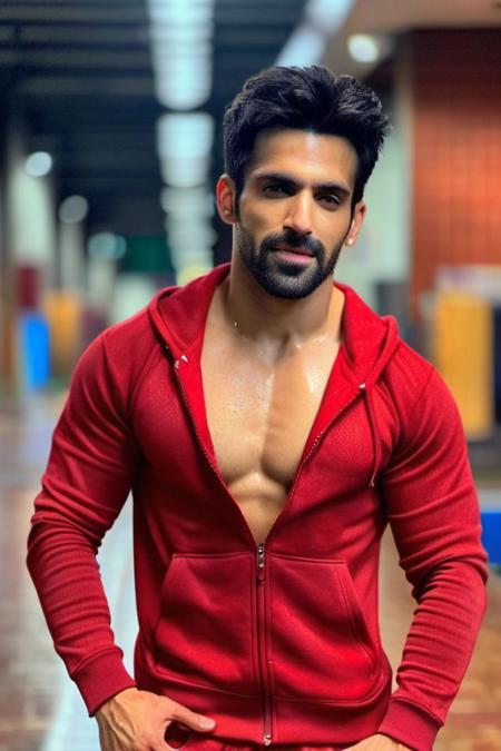 karan soni a man  <lora:arjit-taneja_karan-soni:1>, realistic photo in a worn ((red tracksuit, massive hairy pecs)), ((light bokeh)), intricate, (steel metal [rust]), elegant, exuding sexual energy, homoerotic, sharp focus, photo by greg rutkowski, soft lighting, vibrant colors, (masterpiece), ((streets)), (detailed face), looking at viewer, light smile, night, walking towards viewer, cinematic lighting, beautiful lighting, cinematic lighting, (hazy filter, film grain:1.2)