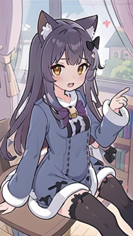 <lora:Milk-Re-v1.1-:0.5>, <lora:thickerLinesAnimeStyle_loraVersion:0.8>, (cat ears, cat tail, brown eyes), 1girl, ((dress, blue dress, long sleeves, black thighhighs, hair bow, bell, bow, purple hair, cross-laced footwear, fur-trimmed dress)), virtual youtuber, <lora:GoodHands-vanilla:0.7>, bedroom, book shelf, window, blue sky, curtains, desk, chair, carpet, happy, open mouth,