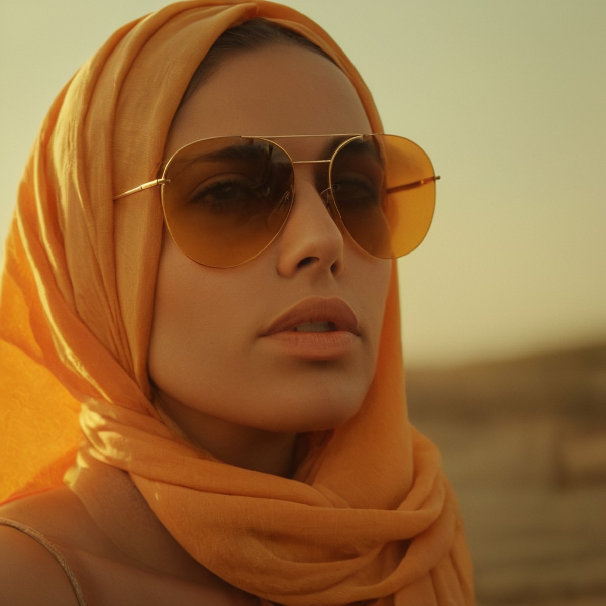 cinematic film still of  <lora:Warm Lighting Style:1>
warm light,a woman wearing a headscarf and sunglasses,warm lighting ...