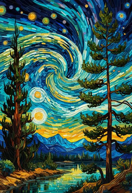 Stained glass style A living Van Gogh painting, swirling stars and cypress trees morphing into 3D, thick oil brushstrokes moving like liquid, photorealistic textures mixed with impressionism, 8k museum masterpiece . Vibrant, beautiful, translucent, intricate, detailed