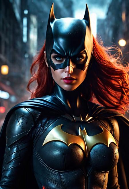 High resolution ultra-realistic of beautiful realistic Batgirl fighting against alien invasion, cinematic style, standing on a bloody and stormy battlefield in a fighting pose, bloody massacre, realistic modern combat costume, black mask, red cape, perfect athletic figure, wavy red hair, handsome dirty bloody face, beautiful perfect detailed pupils, wet oily shiny skin, covered in dirt and blood, beautiful firm Breasts, defiant and seductive, sexy 20 year old girl, 8k resolution concept art portrait by Greg Rutkowski, Dark Gotham City, realistic blue eyes, full body, Artgerm, WLOP, Alphonse Mucha, dynamic lighting, hyperdetailed, intricately detailed, Splash art trending on Artstation triadic colors, Unreal Engine, 5 volumetric lighting, Cinematic Lighting, intricate, smooth, sharp focus digital painting, Asymmetrical Balance, painting, dynamic lighting