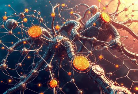 Generate a futuristic, biomechanical illustration of a sprawling, organic network, visualizing the collective consciousness of Bitcoin users, miners, and nodes as a vibrant, pulsing entity with interconnected nodes and tendrils, incorporating metallic and crystalline structures, with a sense of dynamic movement and flow, and subtle, glowing effects to convey energy and activity. Use high resolution, 1024x1024 or higher, and employ advanced anti-aliasing techniques. Add subtle, gradient effects to create depth and dimensionality. Incorporate biomechanical elements and experiment with different colors and textures. Refine and enhance the image with sharpening, contrast adjustment, and other post-processing techniques. Visualize nodes and tendrils as pulsing, dynamic entities with movement and flow.