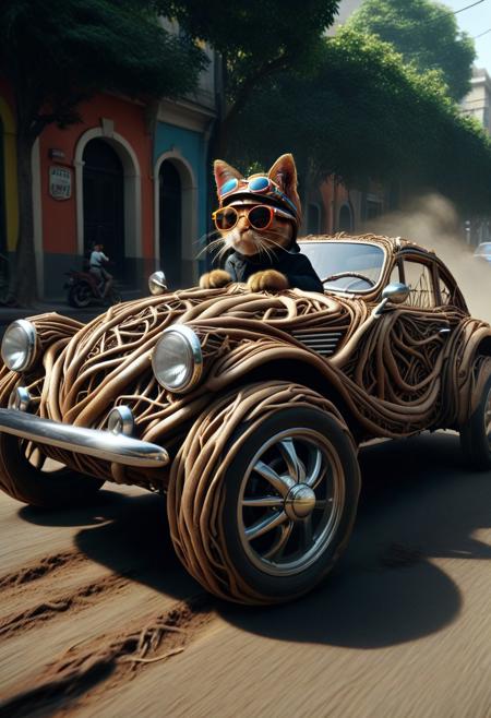 PG-TR, (made out of roots:1.3), made out of roots, full body shot, from side, cute small roots classic sports car, cat driving, wear round goggles, wear animal ears helmet, run through on roots city street, Dust, Taste the Rainbow, cinematic, cinematic lighting, (masterpiece, best quality:1.4), ultra-high res, 4k, Photorealistic, insanely detailed, sfw,
