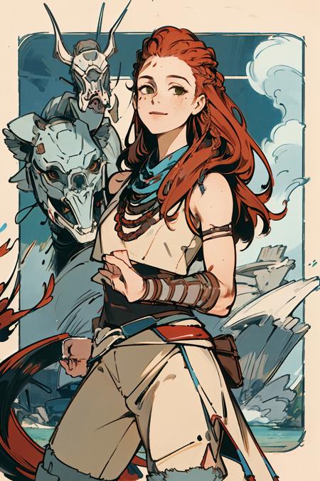 absurdres, highres, ultra detailed,pikkyaloy, 1girl, braid, smile, bracer, tribal,cowboy shot,  pelt, freckles, long hair, red hair, solo, boots, green eyes <lora:Aloy:1> <lora:AnimeTarotCardArtStyleLoRA(å¡ç½ç_ã¿ã­ããã«ã¼ã)_v3.1:1>