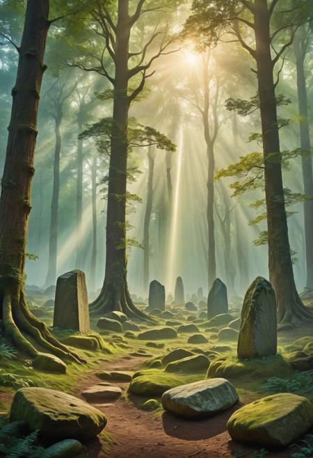 Ethereal fantasy artwork of forest clearing with ancient stone circle and shafts of divine light penetrating misty atmosphere. Mystical energy emanating from carved stones, rich earth tones with magical luminescent accents. Romantic landscape painting style with spiritual and ancient mystery themes, vertical format emphasizing connection between earth and sky.