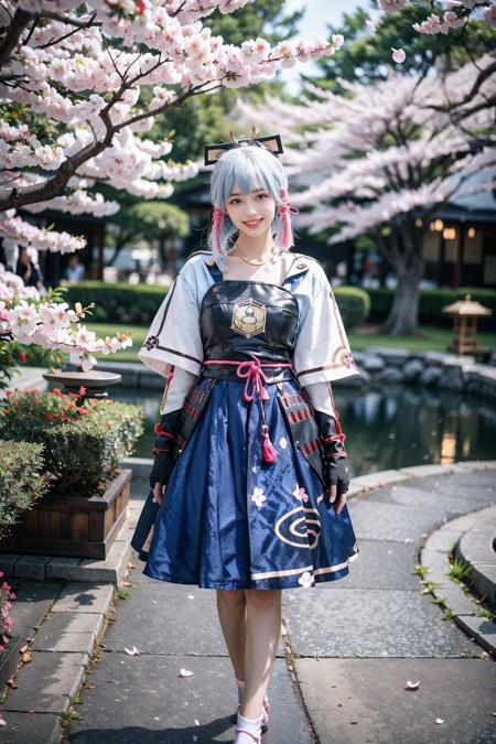 best quality, masterpiece, photorealistic, 1girl, solo, standing, full body, looking at viewer, smile, closed mouth, bangs, kamisato cosplay costume, cosplay, light blue hair, long hair, ponytail, hair ornament, ribbon, hair ribbon, japanese clothes, armored dress, japanese armor, arm guards, fingerless gloves, tress ribbon, tassel, cherry blossoms japanese garden, cherry blossoms, tree, <lora:genshin_Kamisato_cosplay_v1:0.7>