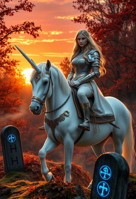 A single unicorn and a Regal blonde woman with large breasts under ornate silver armor astride majestic white unicorn. The unicorn has only one head, crowned with a single pearlescent horn. Golden bridle and saddle adorned with sapphires. Forest ablaze with autumn hues - crimson maples, golden oaks, amber beeches. Crisp air carries scent of fallen leaves and distant woodsmoke.
Breathtaking sunset paints sky in vivid oranges, pinks, and purples. Last rays filter through trees, casting long shadows and bathing scene in warm, golden light. Unicorn's horn and woman's hair shimmer in fading daylight.
Woman's determined gaze fixed on horizon. Right hand on unicorn's neck, left on jeweled sword hilt.
Misty tendrils rise from moss-covered forest floor, adding to mystical atmosphere. Ancient standing stones peek through autumn foliage, their surfaces glowing from within from ancient runes that pulse with ethereal blue haze.The luminous symbols hint at forgotten magic, enhancing the scene's mystical quality. Image captures pivotal moment - a legendary hero embarking on epic quest as day gives way to twilight.