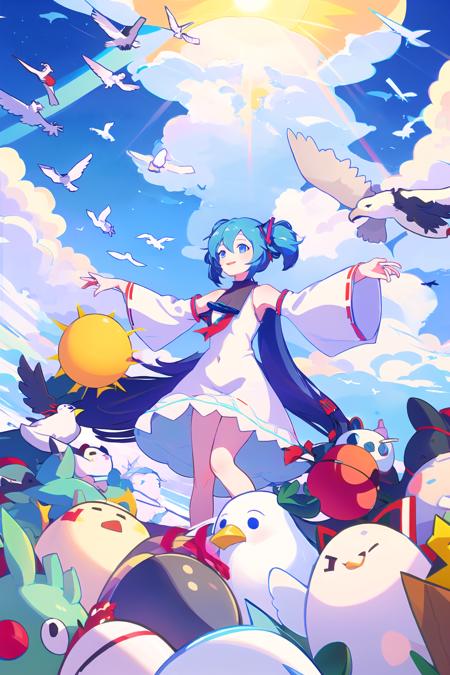 1girl,long hair,bird,dress,hatsune miku,hat,very long hair,solo,white dress,twintails,straw hat,sun hat,blue hair,outdoors,floating hair,cloud,seagull,ribbon,sky,bare shoulders,blue eyes,lighthouse,smile,aqua hair,sleeveless dress,
<lora:Muse_DashV4-000390:1>,