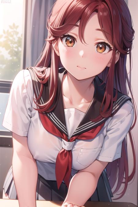 rikosakurauchi, <lora:rikosakurauchi-lora-nochekaiser:1>, 
riko sakurauchi, (brown eyes:1.5), hair between eyes, long hair, (red hair:1.5), (small breast:1.2), 
BREAK grey skirt, neckerchief, pleated skirt, red neckerchief, school uniform, serafuku, shirt, short sleeves, skirt, white shirt, uranohoshi school uniform,
BREAK looking at viewer, 
BREAK indoors, classroom, 
BREAK <lyco:GoodHands-beta2:1>, (masterpiece:1.2), best quality, high resolution, unity 8k wallpaper, (illustration:0.8), (beautiful detailed eyes:1.6), extremely detailed face, perfect lighting, extremely detailed CG, (perfect hands, perfect anatomy),