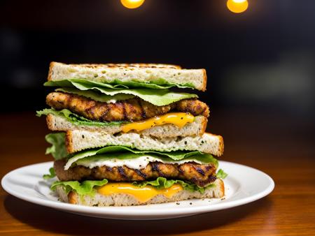 analog style, photorealistic, the most delicious grilled sandwich with sesame seeds with fried chicken, lettuce, on a table in a cafe, dimly lit, light particles, haze, halation, bloom, dramatic atmosphere, centred, rule of thirds, 200mm 1.4f macro shot, <lora:epiNoiseoffset_v1:1>