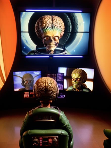 alien  <lora:MarsAttacks:0.7>  MarsAttacks! in command seat of 50's style ufo with big screens all around