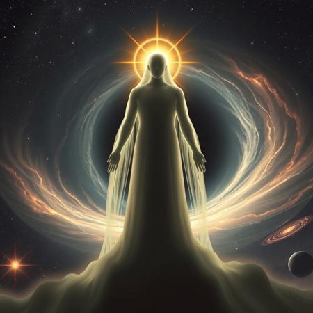 A majestic godly figure with a towering, ethereal form, lacking any facial features, emanating a powerful divine light. The figure's silhouette appears translucent and radiant, blending seamlessly with the vastness of outer space. Surrounding the figure is the endless cosmos, filled with distant stars, swirling nebulas, and cosmic dust. At the figure's back, a massive black hole dominates the background, its gravitational pull twisting light and drawing nearby stars into a spiraling vortex. The divine glow from the figure contrasts with the darkness of the black hole, creating an otherworldly ambiance that emphasizes the god's cosmic presence and mysterious power.