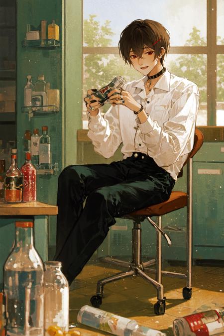 masterpiece, best quality, extremely detailed, detailed background, detailed face, 1boy, male focus, solo, red eyes, looking at viewer, jewelry, black nails, pants, can, hair ornament, ring, earrings, shirt, black pants, long sleeves, ear piercing, chain, piercing, hairclip, torn pants, holding, bottle, hair between eyes, bangs, plant, short hair, mask, black hair, choker, brown hair, torn clothes, food, smile, light particles, holding can, indoors, white shirt, refrigerator, bag, mask pull, jar, open mouth, multiple rings, nail polish, black choker, window, soda can, glint, sitting, wide sleeves, <lora:mgm128dim-epoch-000008:1>