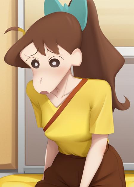 <lora:Ishizaka_Midori-10:1>,1girl, solo, long hair, brown hair,yellow shirt,black eyes, white pupils,ponytail, Orange pants, bouncing breasts, bow, ahoge, hair bow, style parody,