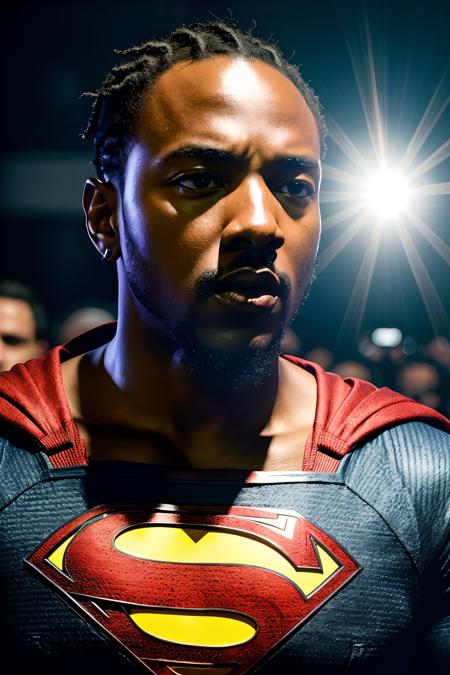 instagram photo, closeup face photo of Kendrick Lamar dressed as Superman, hard shadows