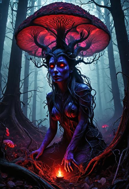 Dryad, corrupted forest, decaying trees, twisted branches, blackened bark, glowing red cracks in skin, dying leaves, cursed soil, thick violet fog, toxic mushrooms, rotting vines, dark magic aura, eerie atmosphere, cinematic shadows, masterpiece, ultra detailed, high quality, fantasy horror illustration, glowing spores, ambient corruption