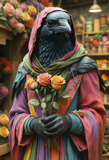 corvidfolk, holding a rose, colorful robes and hood, realistic, flower shop background