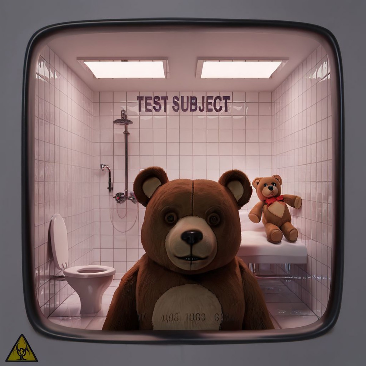 <lora:testchamberV2:0.8> testchamber, glass wall, clean, tiles, bathroom, close-up, teddy bear, toy, looking at viewer, cr...