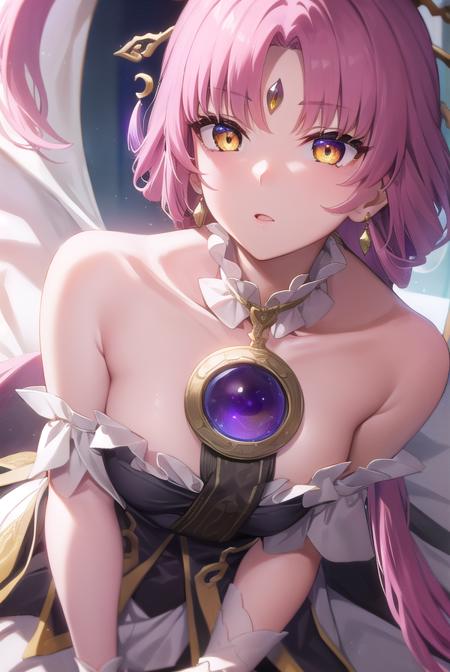 fu xuan, (yellow eyes:1.5), forehead jewel, hair ornament, hair stick, long hair, low twintails, parted bangs, pink hair, twintails, bare shoulders, black dress, bridal gauntlets, detached collar, detached sleeves, dress, jewelry, neck ring, pantyhose, skirt, white pantyhose, white skirt,