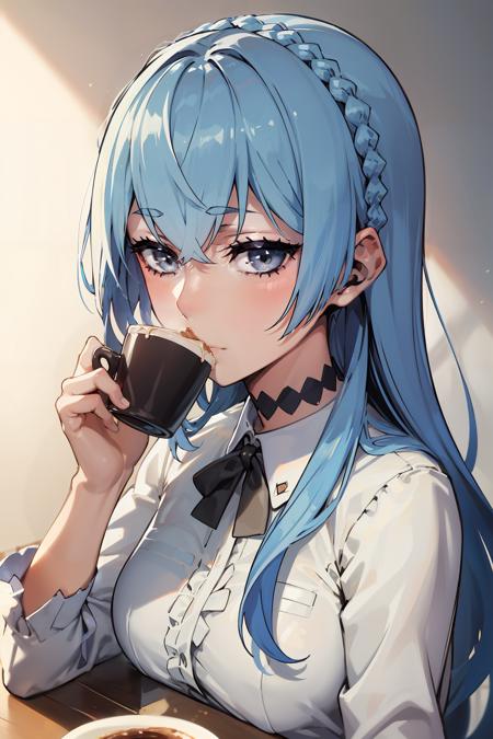 <lora:norikokiznaiver:0.6> norikokiznaiver, solo, 1girl, expressionless, grey eyes, braided, portrait, upper body, looking at viewer, long hair, lightblue hair, drinking coffee, holding cup