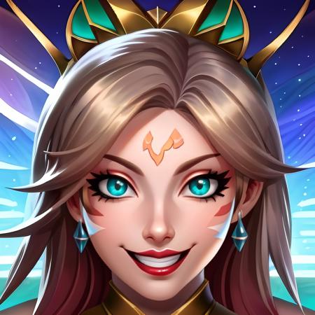 HEZI,LOL style,Summoner Avatar,Game avatar,Western cartoon game style,1girl,solo,looking at viewer,yellow eyes,portrait,bangs,closed mouth,purple hair,shiny,blue hair,purple lips,short hair,gem,high collar,shiny hair,grey background,multicolored hair,medium hair,facial mark,lips,pink hair,makeup,hair ornament,gradient,lipstick,official alternate costume,brown eyes,smile,artist name,red headwear,gradient background,long hair,