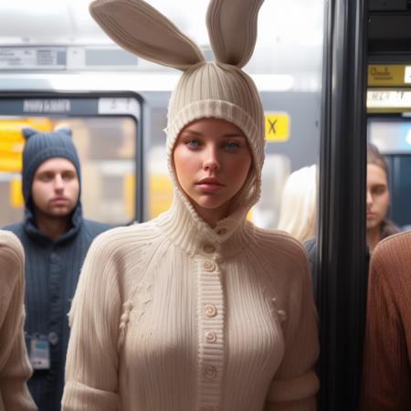 evelynnobodysd15 wearing a white bunny onesie standing in a very crowded subway train, on3sie <lora:onesie_v3-000009:0.6>, dynamic angle , (many people in background, people in foreground),  depth of field, perspective, looking at viewer, skin texture, realistic,