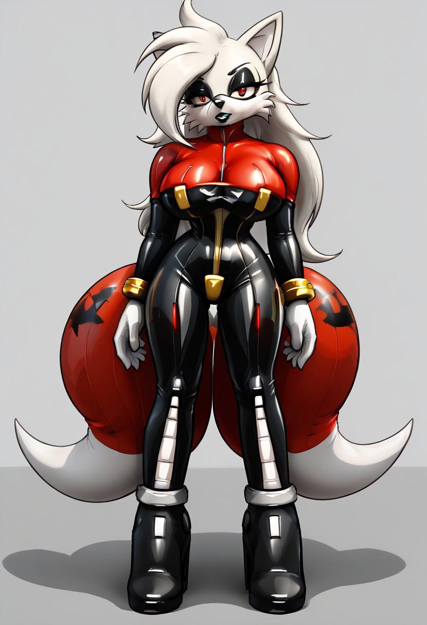 Score_10, score_9, score_8, full body, solo, 1girl, mature female, curvy, large breasts, shyhero, gloves, looking at viewer, elbow gloves, mask, white gloves, white hair, red eyes, white leotard, thigh boots, ESTK, furry, anthro, fox girl, white body, white fur, white snout, 2 tails, latex suit, latex boots, latex gloves, latex tails, red tails, black nose, black eyeshadow, black lipstick, long hair, gold bracelets