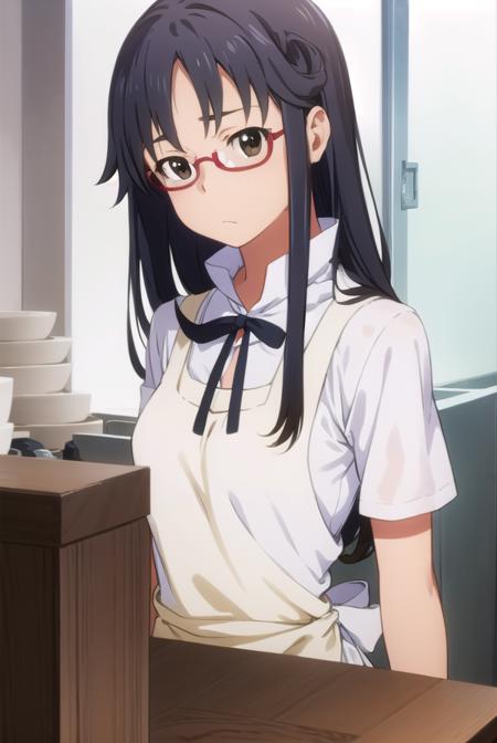 mayamatsumoto, <lora:maya matsumoto s2-lora-nochekaiser:1>,
maya matsumoto, long hair, black hair, (brown eyes:1.3), glasses, apron, semi-rimless eyewear, red-framed eyewear, under-rim eyewear,
BREAK apron, waitress,
BREAK indoors, restaurant,
BREAK looking at viewer, (cowboy shot:1.5),
BREAK <lyco:GoodHands-beta2:1>, (masterpiece:1.2), best quality, high resolution, unity 8k wallpaper, (illustration:0.8), (beautiful detailed eyes:1.6), extremely detailed face, perfect lighting, extremely detailed CG, (perfect hands, perfect anatomy),