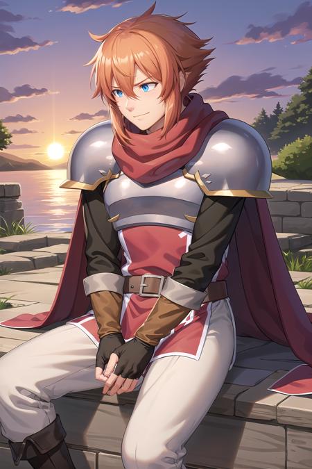 <lora:Harold_LoRA_AdamW_Dim64_Alpha32_5e-5_12batch_CosineAnnealingLR_NAI-000023:1>, harold_mv, 1boy, orange hair, short hair, spiked hair, blue eyes, hair between eyes, scarf, shoulder armor, breastplate, cape, belt, fingerless gloves, pants, light smile, sad, looking away, sitting, stairs, orange sky, sunset, cloud, river