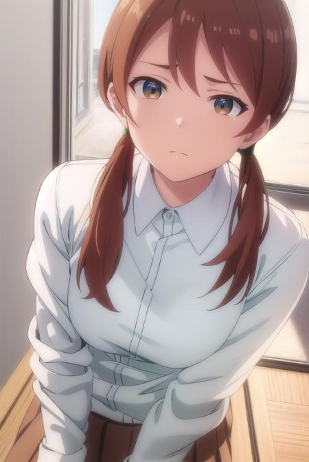 himaritakanashi, <lora:himari takanashi s1-lora-nochekaiser:1>,
himari takanashi, brown hair, twintails, (brown eyes:1.3), low twintails,
BREAK skirt, shirt, school uniform, white shirt, pleated skirt, brown skirt,
BREAK indoors, classroom,
BREAK looking at viewer, (cowboy shot:1.5),
BREAK <lyco:GoodHands-beta2:1>, (masterpiece:1.2), best quality, high resolution, unity 8k wallpaper, (illustration:0.8), (beautiful detailed eyes:1.6), extremely detailed face, perfect lighting, extremely detailed CG, (perfect hands, perfect anatomy),