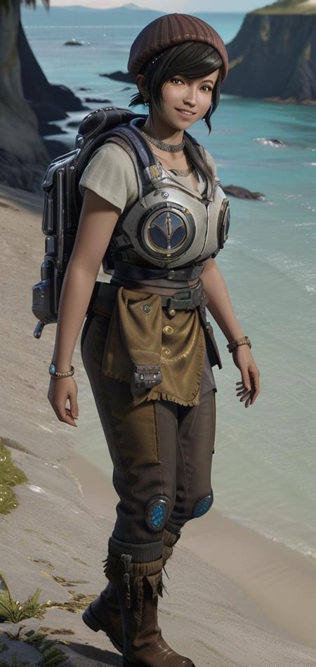 ((masterpiece, best quality)) <lora:add_detail:0.7> <lora:Kait-Diaz-v2:0.8> Kait Diaz, 1girl, solo, coastal cliffs, noon, bright and clear light with ocean views, tucked tan shirt, shirt tucked in, short sleeve shirt, gears of war light armor, black color pants, yellow half skirt right leg, bold black tattoo, tattoo right bicep, sexy, two maroon hair braids with silver jewelry tip towards front of hair, short hair, black hair, gold earrings, smile, grin, teeth, maroon beanie, brown boots