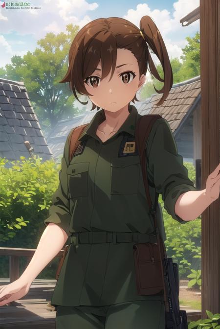 shinokuribayashi, <lora:shino kuribayashi s1s2-lora-nochekaiser:1>,
shino kuribayashi, short hair, brown hair, (brown eyes:1.7), side ponytail,
BREAK uniform, military, military uniform, (green uniform:1.5),
BREAK outdoors, forest, nature, sun, sky, clouds, trees, grass,
BREAK looking at viewer, (cowboy shot:1.5),
BREAK <lyco:GoodHands-beta2:1>, (masterpiece:1.2), best quality, high resolution, unity 8k wallpaper, (illustration:0.8), (beautiful detailed eyes:1.6), extremely detailed face, perfect lighting, extremely detailed CG, (perfect hands, perfect anatomy),