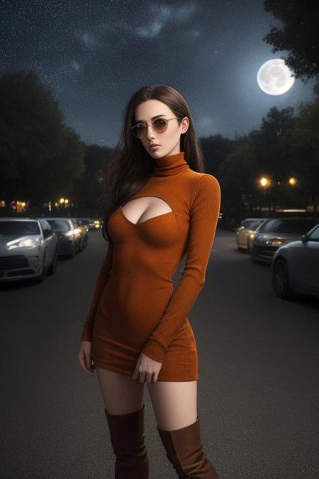 ((best quality)), Caryl_V1, CarylAI, long dark brown hair, Medium breasts, Race queen, racequeen, starry night, moon halo, cars parked on street side, sidewalk with trees at night, vksw34t1, Orange backless long sleeve thigh length turtleneck corduroy dress with cleavage cut out, long sleeves, white striped knee high socks. combat-style boots, army boots, Aviator Glasses with clear lenses, Navel peek, lowangleview-3000, viewer looking up from low angle, Looking at viewer, viewer on floor looking up, girl looking down on viewer