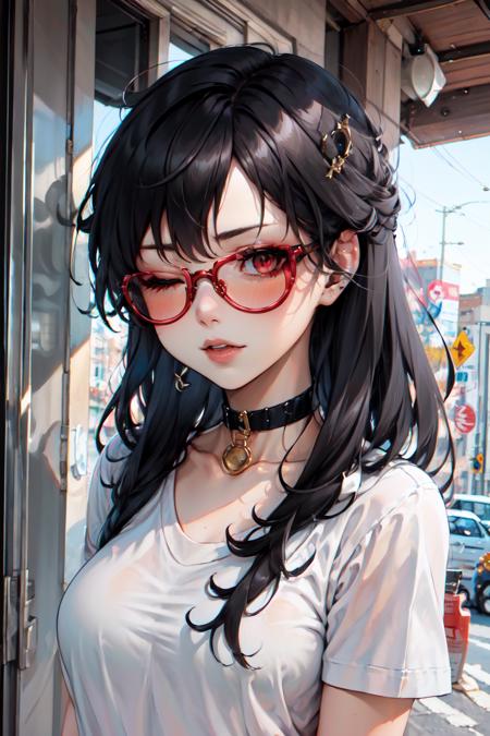 Highly detailed, High Quality, Masterpiece, beautiful, solo, 1girl, nevin, red eyes, <lora:Nevin:0.8>, one eye closed, full lips, red clubmaster sunglasses, wool, striped, velvet, ear cuff