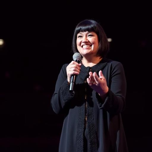 an image of actor dawn french on stage holding a microphone