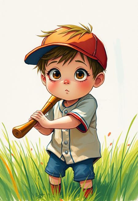 A big-eyed little boy, wearing an oversized baseball shirt, playing baseball in a field of grass. Colorful sketch with uneven coloring, with streaks of paint, by Benjamin Lacombe, Jon Klassen, and Mac Barnett. Perfect composition, masterpiece, aesthetics. Hyperrealistic, splash art, concept art, mid shot, intricately detailed, color depth, dramatic, 2/3 face angle, side light, colorful background detailed matte painting, deep color, fantastical, intricate detail, splash screen, complementary colors, fantasy concept art.