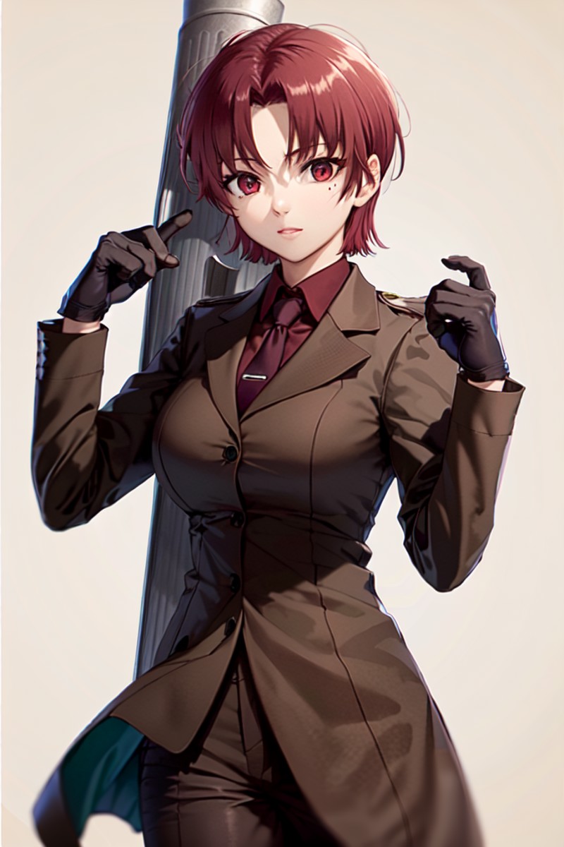 (masterpiece, best quality:1.2), bazett, fgo, 1girl, solo, (case on back:1.1), short hair, red hair, bangs, red eyes, mole...
