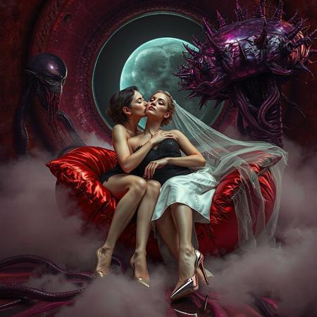 tree ladies, two sultry slender norvegian ladies in a whorish black lace camisole  kissing and fingering  from left and right  struggling luxurious young bride, wearing glossy high heels, entangled in long tentacles, reclined in weird red foil pillows, covered with giant ultrathin transparent slime veils, surrounded by aliens,  giant portal to outer space, fog from the floor, giant purple alien carnivorous flower with glossy spiked petals at background, weird alien hive slime walls and fleshy floor, horror, reminiscent of H.R. Giger, Zdzisław Beksinski, and Ash Thorp's dark, sleek styles, with close-up glamour photography, glossy satin and silver heels glistening, fleshy slime dripping, and dark shadows.