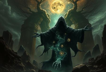 A universe inside a dark cloaked figure within mysterious landscape in an unfathomable realm of fantastic creation inhabited by ancient shadows of a forgotten time beyond the gate of the gateless gate where life is limitless, light is shadow and shadow is light, eerie sense, horror, spark of the beginning, existence and nonexistence at once, ethereal, outstretched arms, behold the end of the beginning, inglorious glory to the dark one, betrayal of the ancient order, beware the 7headed beast, destroyer of the old ways, bearer of the unbearable, nightmarish, archaic runes, tree aging backwards, breath of the gods, ruins of a place unimagined, extreme intricate detail, photorealistic, beyond epic scene, fate discarded, unseeable face of god, the end is the beginning, the beginning is the end, man arises as god dies, as above so below, as below so above, emerald tablet, thoth, guardian and saboteur of existence, hopeless hope, ghosts of the unborn, conception of the inconceivable, cosmic well of imperceptible perception, evil aura, infinite emptiness, pillars of void, overwhelming subtlety, abstract sacred geometry, beams of readiness without intention, gift of doom, despair of the ages, hidden secret warnings from dead gods, carved by the conductor of unholy loneliness of time incarnate, consumed by the night itself, beautiful tragedy of hellish discovery, unraveling mist of unreal reality, philosophers stone, proclaim the nameless name of collapsed eternity